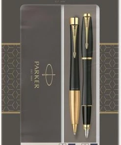 Beste Verkoop 🎁 Parker Urban Duo Geschenkset Met Balpen En Vulpen | Zacht Zwart Met Gouden Trim | Blauwe Inktvulling En Inktpatroon | Geschenkverpakking 😍