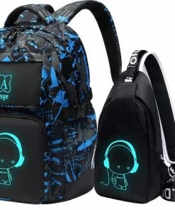 Beste deal ๐ Rugzak Voor Jongens Met Kleine Tasje - Zwart Met Print - Voor Lapotop - Middelbare School Schooltas ๐
