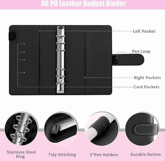 Flash-uitverkoop ๐ A.K.A. A6 Money Budget Planner Met Geldenveloppen – Geld Kasboek Zwart Leer Money Saver Binder ๐ 7 Flash-uitverkoop ๐ A.K.A. A6 Money Budget Planner Met Geldenveloppen – Geld Kasboek Zwart Leer Money Saver Binder ๐ - Afbeelding 5