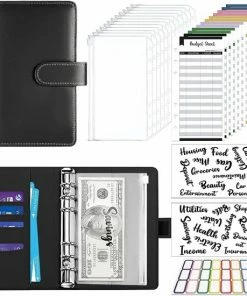 Flash-uitverkoop ๐ A.K.A. A6 Money Budget Planner Met Geldenveloppen – Geld Kasboek Zwart Leer Money Saver Binder ๐