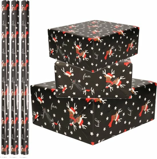 Promo ❤️ Bellatio Decorations Kerst Inpakpapier/cadeaupapier - Zwart/rendieren - 250 X 70 Cm ✔️ 4 Promo ❤️ Bellatio Decorations Kerst Inpakpapier/cadeaupapier - Zwart/rendieren - 250 X 70 Cm ✔️ - Afbeelding 2