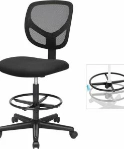 Alternative view of Goedkoopste 🔥 Merkloos Bureaustoel, Ergonomische Werkkruk, Zithoogte 51,5-71,5 Cm, Hoge Werkstoel Met Verstelbare Voetenring, Draagvermogen 120 Kg, Zwart OBN15BK 👏