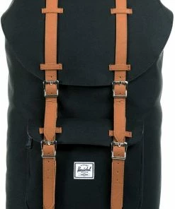 Flash-uitverkoop 🛒 Herschel Little America - Black/Tan Synthetic Leather / Ruime Rugzak Met 25L Opbergvolume - 15" Fleece-gevoerd Laptopvak - Magnetische Sluiting / Met Levenslange Fabrieksgarantie / Limited Lifetime Warranty / Zwart 👏